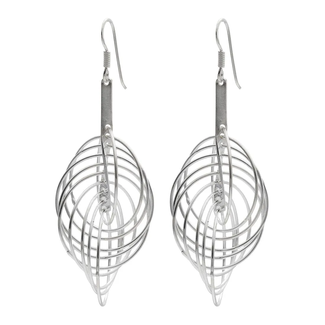 Sterling Silver Long Modern Interlocking Multi Circle Dangle Earrings