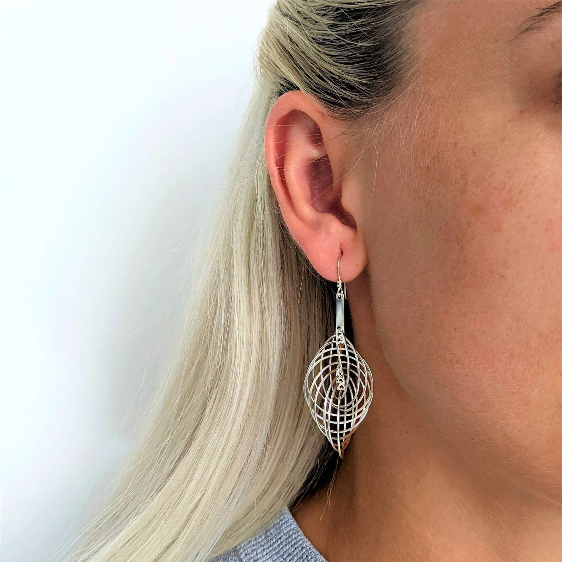 Sterling Silver Long Modern Interlocking Multi Circle Dangle Earrings