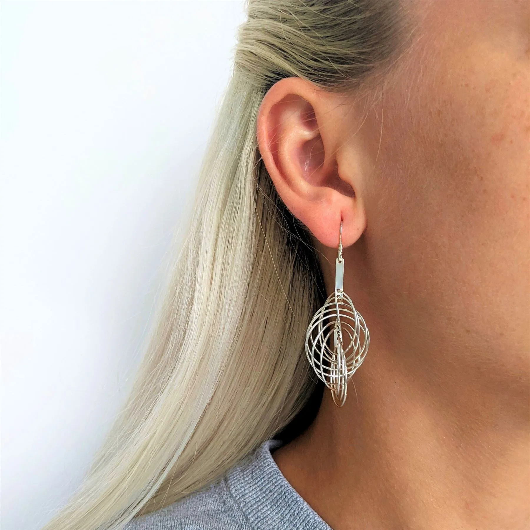 Sterling Silver Long Modern Interlocking Multi Circle Dangle Earrings