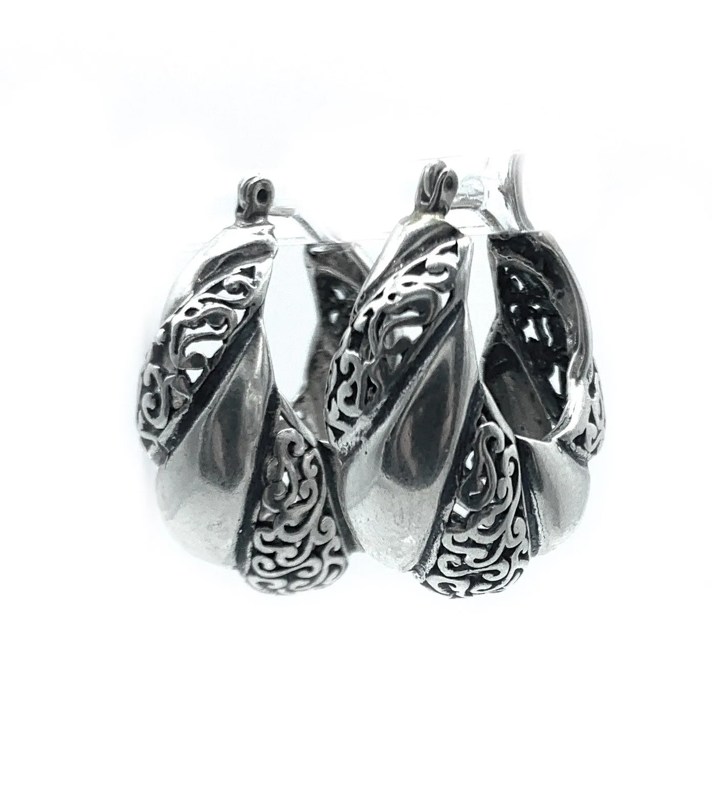Sterling Silver Open Filigree & Ornately Designed Scalloped Hoop Earrings
