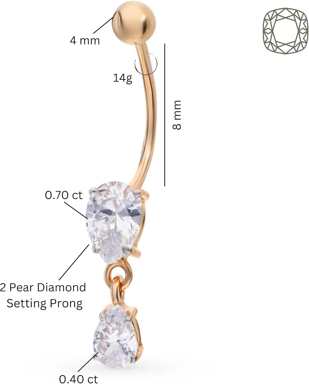 Tear Drop Belly Button Ring, Pear Shape Diamond(1ct) Belly, 14g Threaded Navel Ring, Gold Navel Piercing,Gift For Women