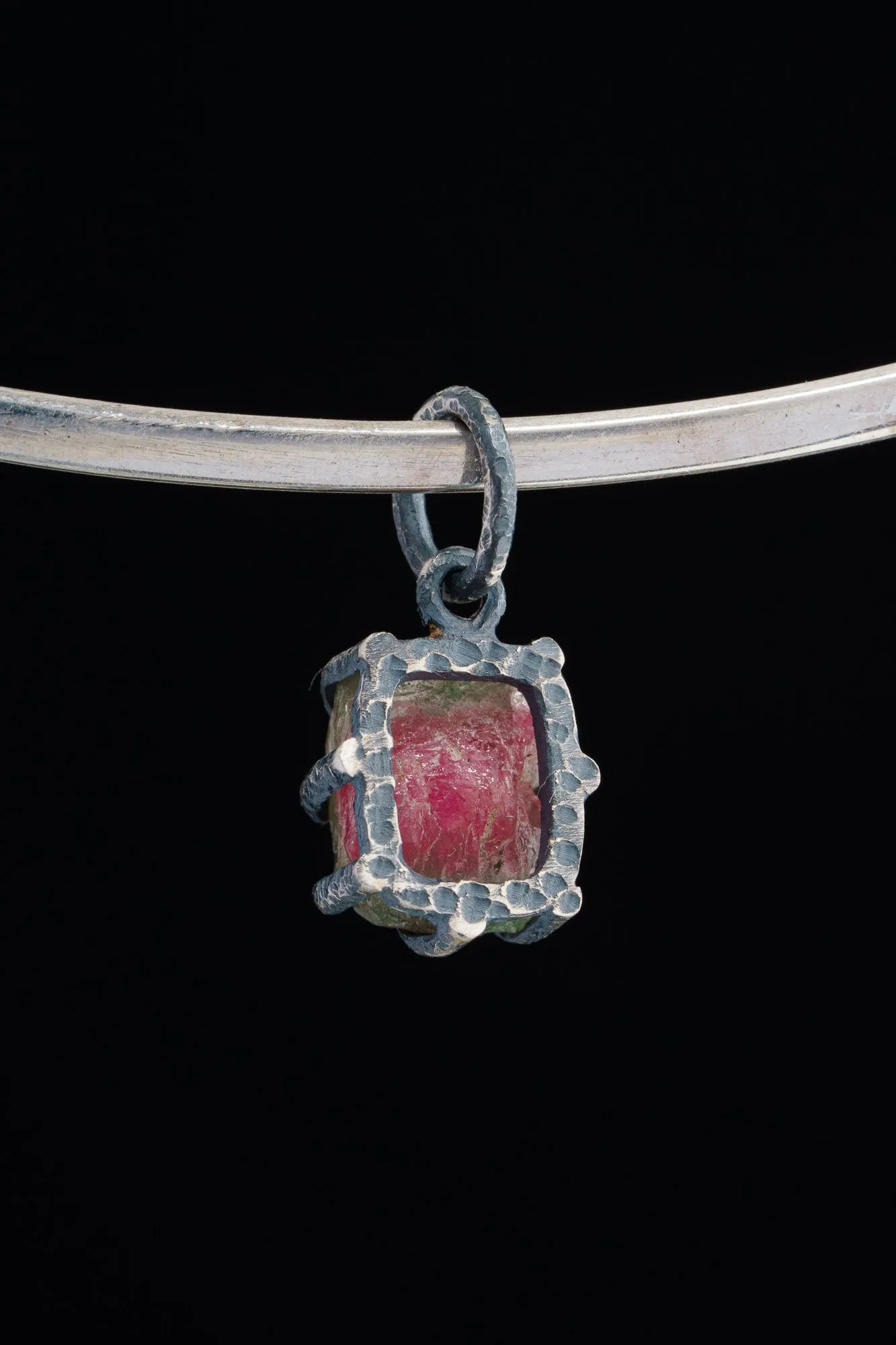 Tiny Mostly Pink Watermelon Tourmaline - Oxidised Sterling Silver - Strong Claw Wire Setting  - Hammer Textured - Pendant Crystal Necklace