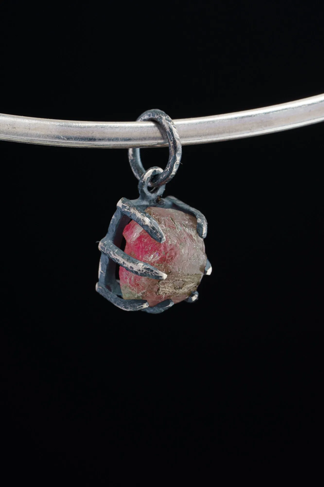 Tiny Mostly Pink Watermelon Tourmaline - Oxidised Sterling Silver - Strong Claw Wire Setting  - Hammer Textured - Pendant Crystal Necklace