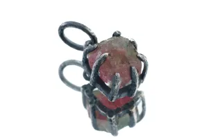 Tiny Mostly Pink Watermelon Tourmaline - Oxidised Sterling Silver - Strong Claw Wire Setting  - Hammer Textured - Pendant Crystal Necklace