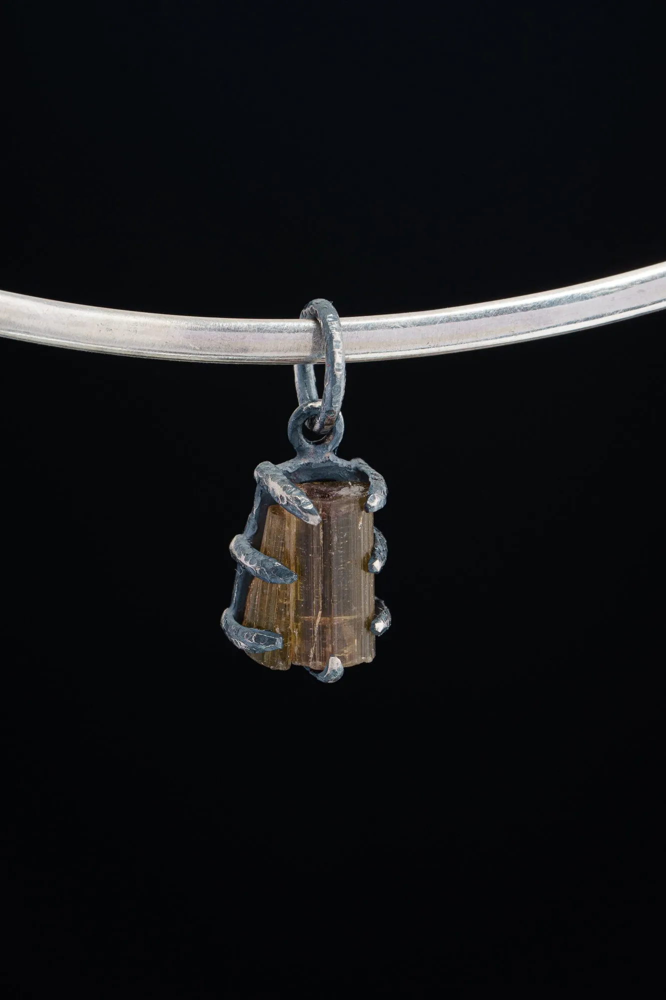 Tiny Olive Watermelon Tourmaline Slice - Oxidised Sterling Silver - Strong Claw Wire Setting  - Hammer Textured - Pendant Crystal Necklace