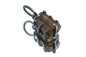 Tiny Olive Watermelon Tourmaline Slice - Oxidised Sterling Silver - Strong Claw Wire Setting  - Hammer Textured - Pendant Crystal Necklace