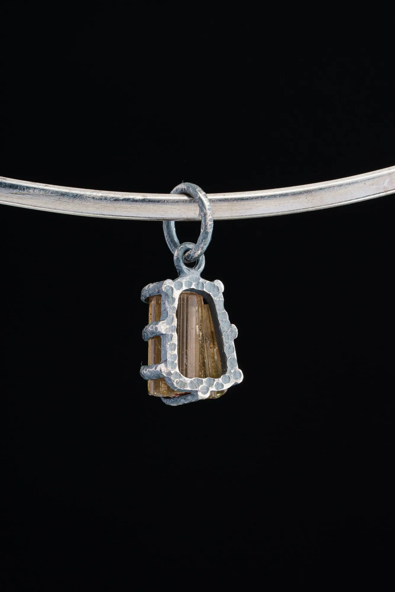 Tiny Olive Watermelon Tourmaline Slice - Oxidised Sterling Silver - Strong Claw Wire Setting  - Hammer Textured - Pendant Crystal Necklace