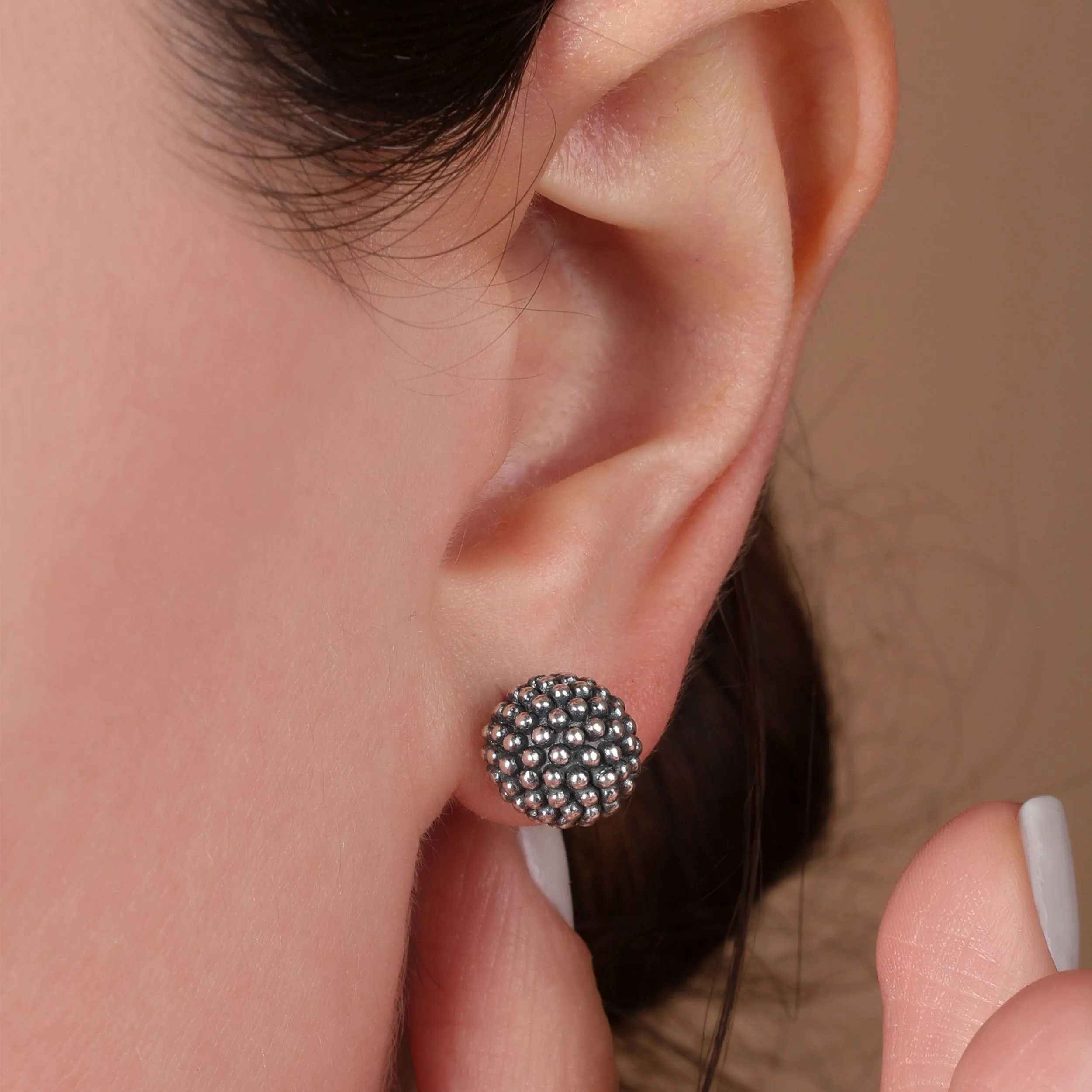 Traditional 10MM Caviar Drop Ball Earrings in Oxidized  Sterling Silver