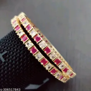 Traditional Fusion Gold-Plated Brass Bangles with Cubic Zirconia | Set of 2
