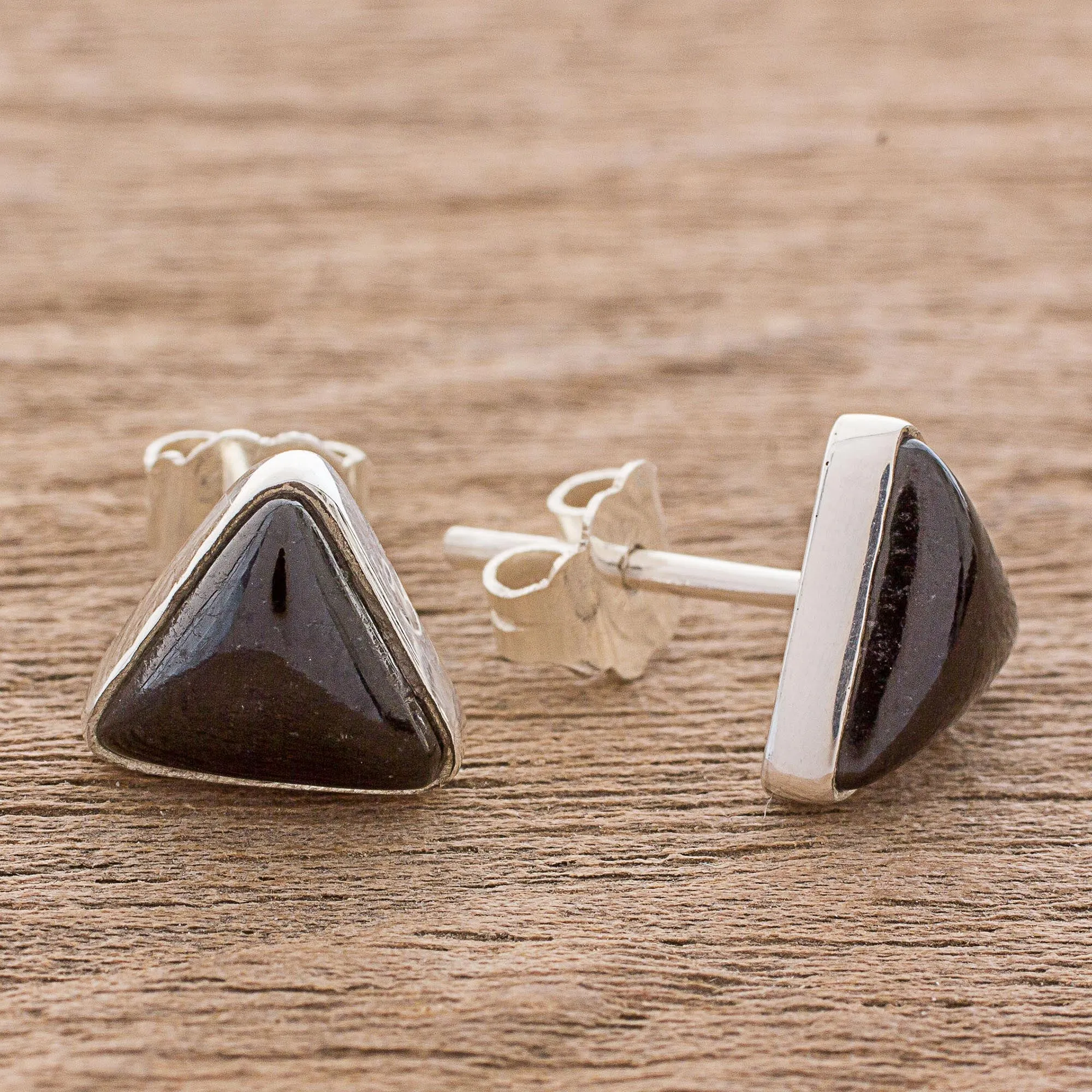 Triangle Mystique Black Jade and Sterling Silver Triangle Stud Earrings