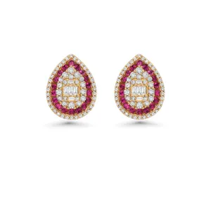 Triple Halo Diamonds & Rubies Pear Shape Studs Earring (1.45 ct.) in 14K Gold