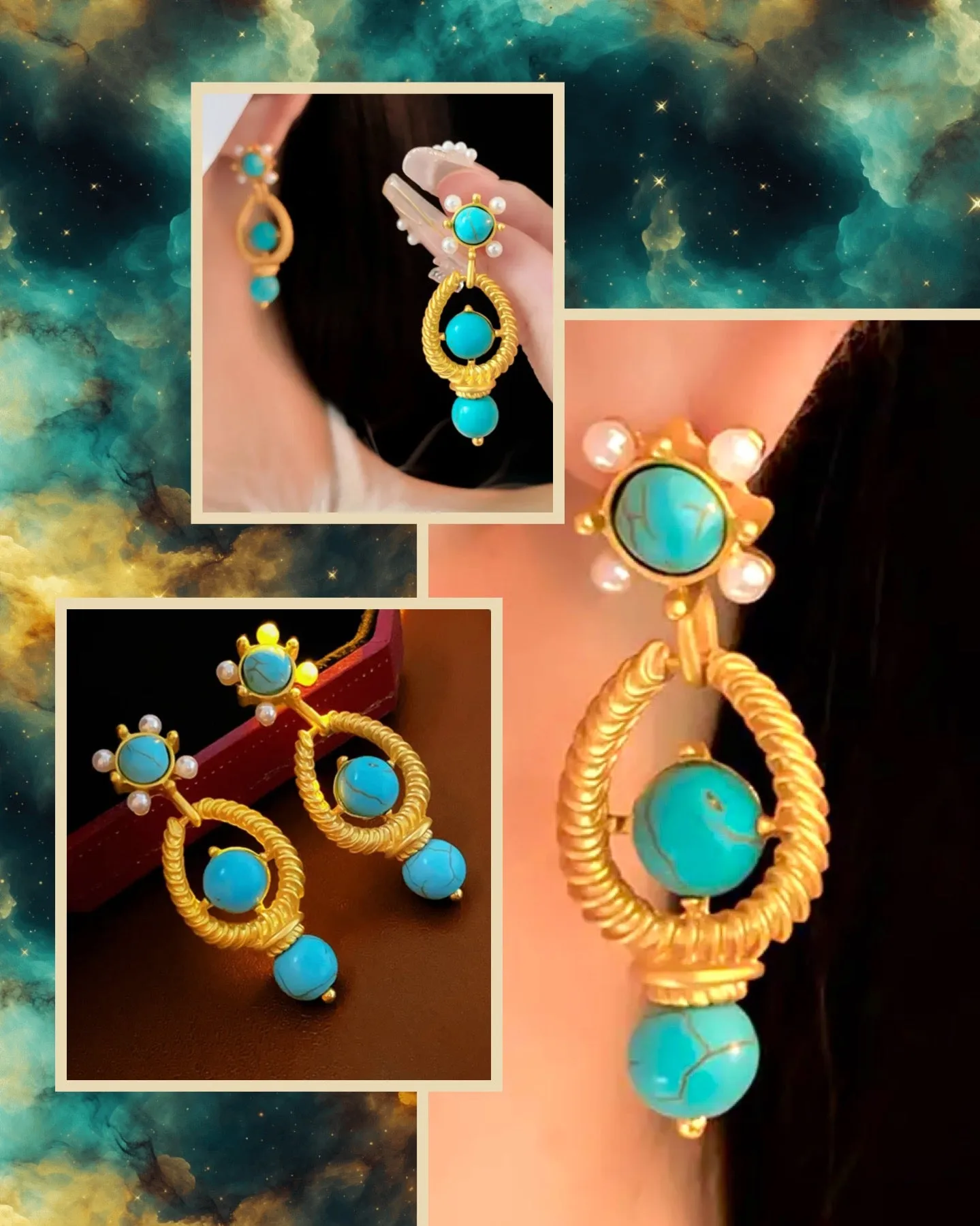 Turquoise and Pearl Gold Vermeil Dangle Earrings 1.75”