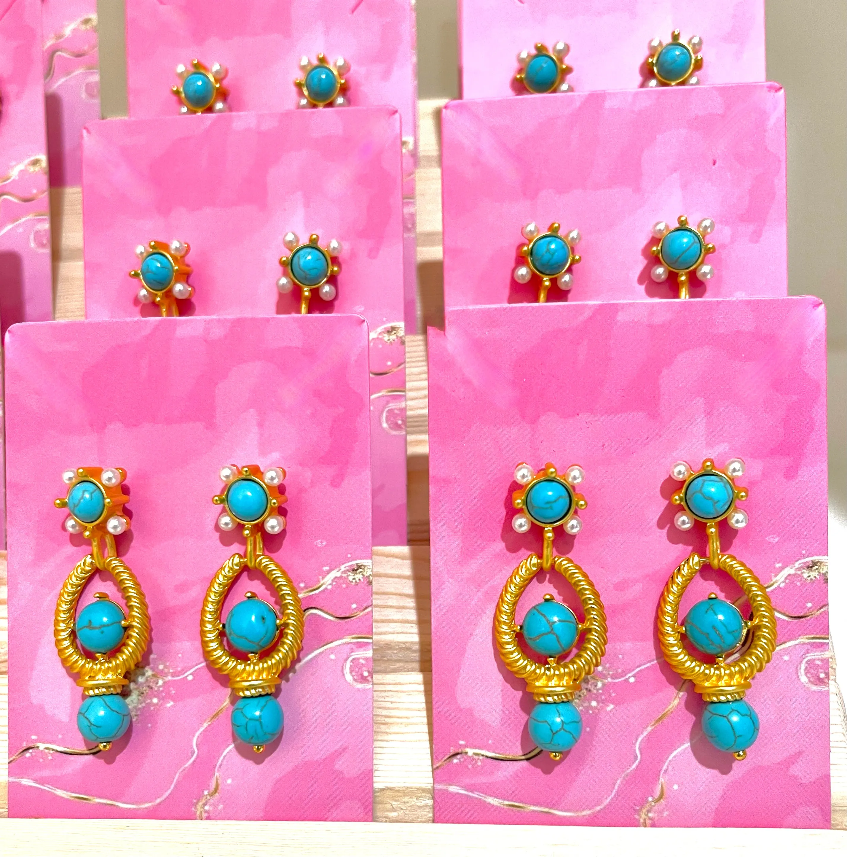 Turquoise and Pearl Gold Vermeil Dangle Earrings 1.75”