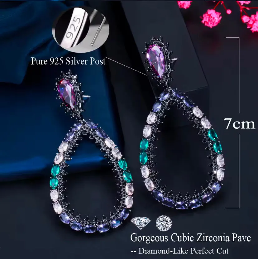 Unique Oval Shape Multicolor Cubic Zirconia Chunky Oversize Long Large Drop Earrings