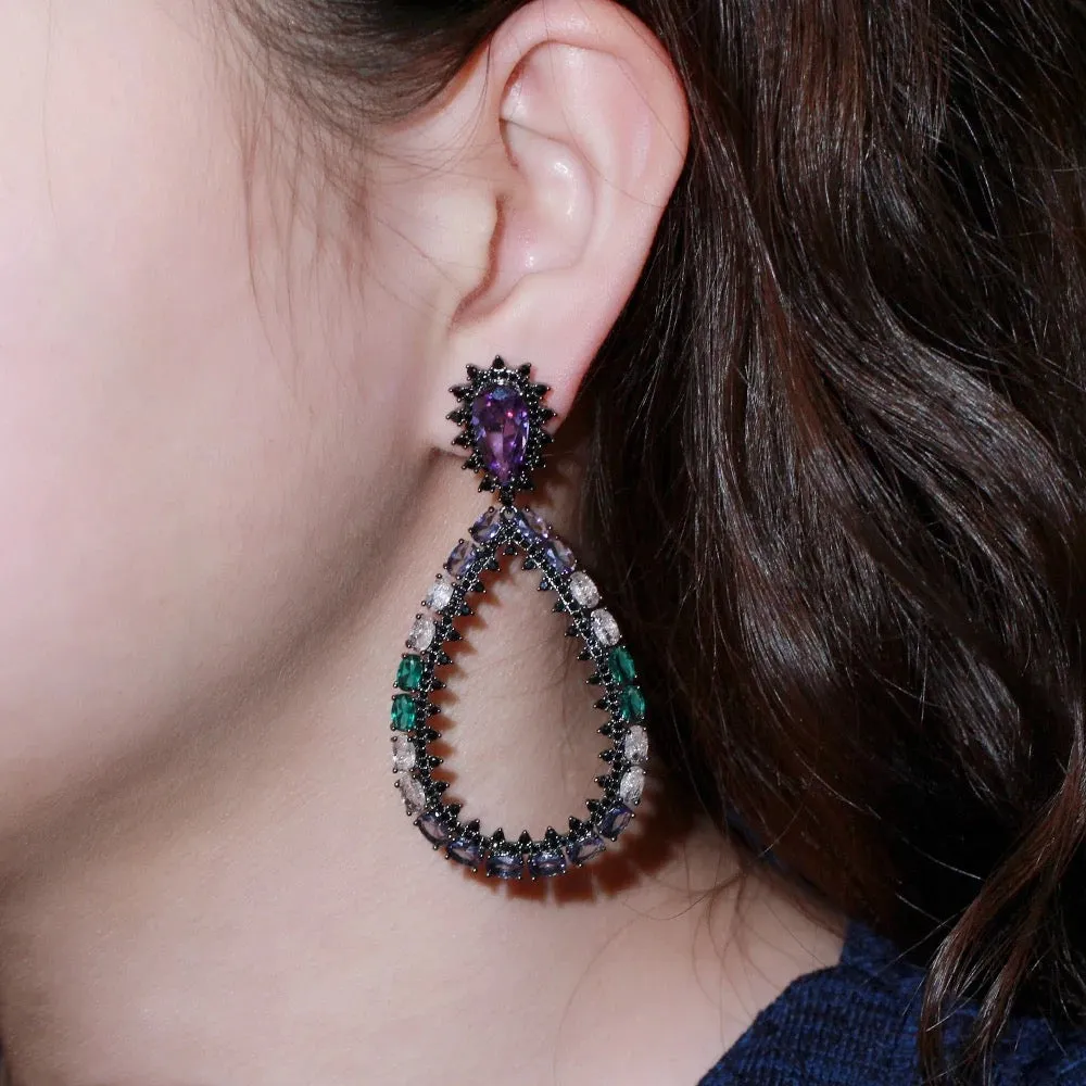 Unique Oval Shape Multicolor Cubic Zirconia Chunky Oversize Long Large Drop Earrings
