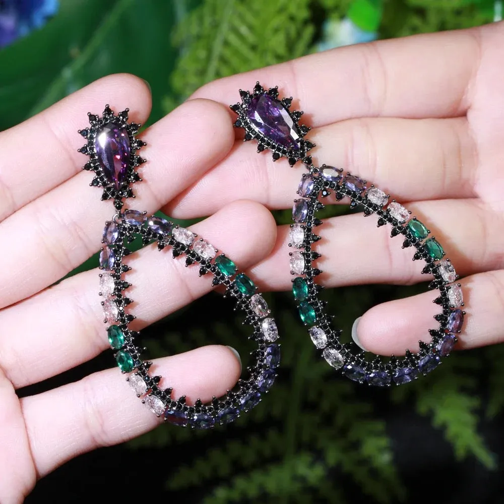 Unique Oval Shape Multicolor Cubic Zirconia Chunky Oversize Long Large Drop Earrings