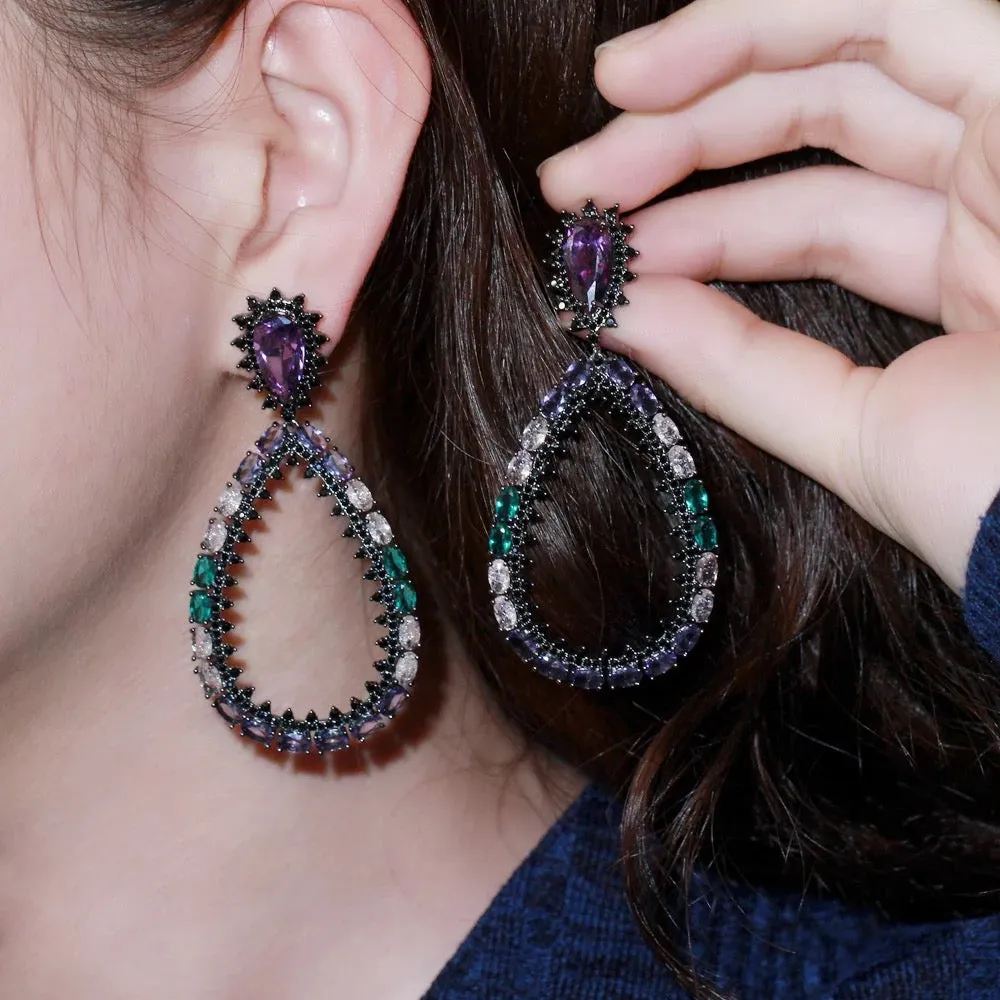 Unique Oval Shape Multicolor Cubic Zirconia Chunky Oversize Long Large Drop Earrings