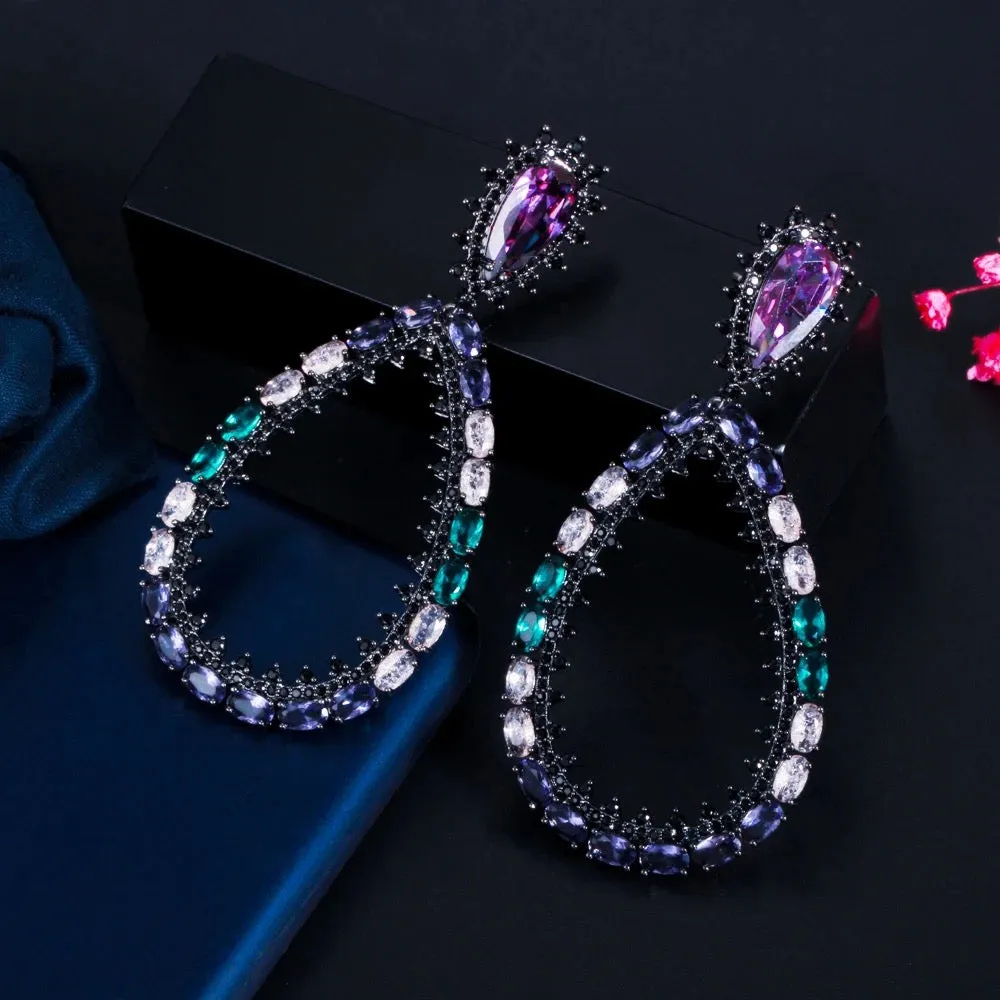 Unique Oval Shape Multicolor Cubic Zirconia Chunky Oversize Long Large Drop Earrings