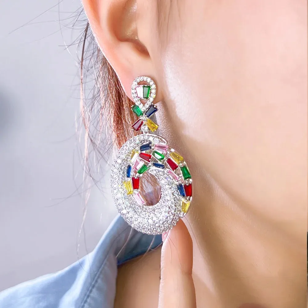 Unique Sparkly Cubic Zirconia Setting Big Dangly Long Earrings