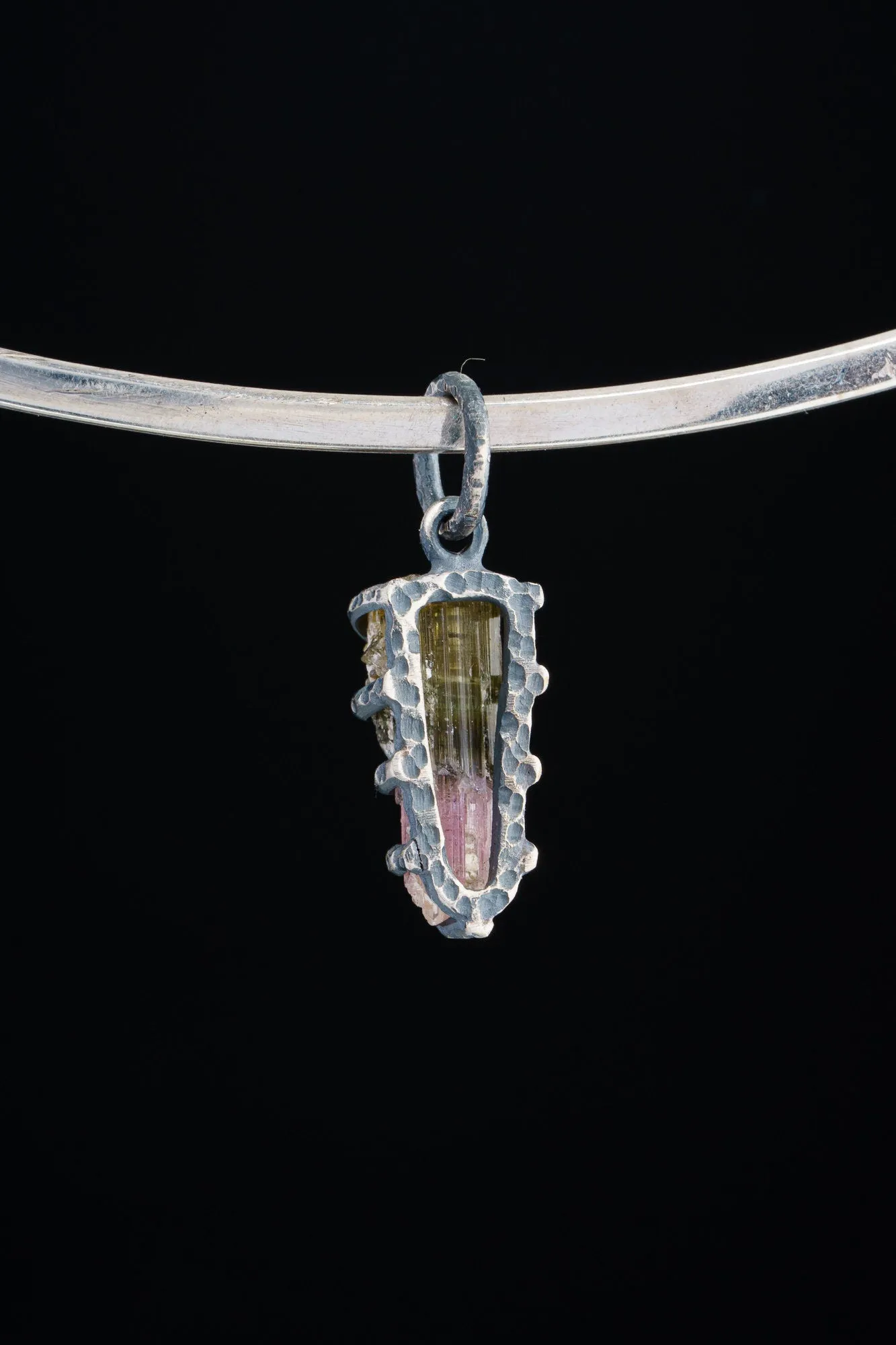 Uniquely Shaped Watermelon Tourmaline - Oxidised Sterling Silver - Strong Claw Wire Setting  - Hammer Textured - Pendant Crystal Necklace