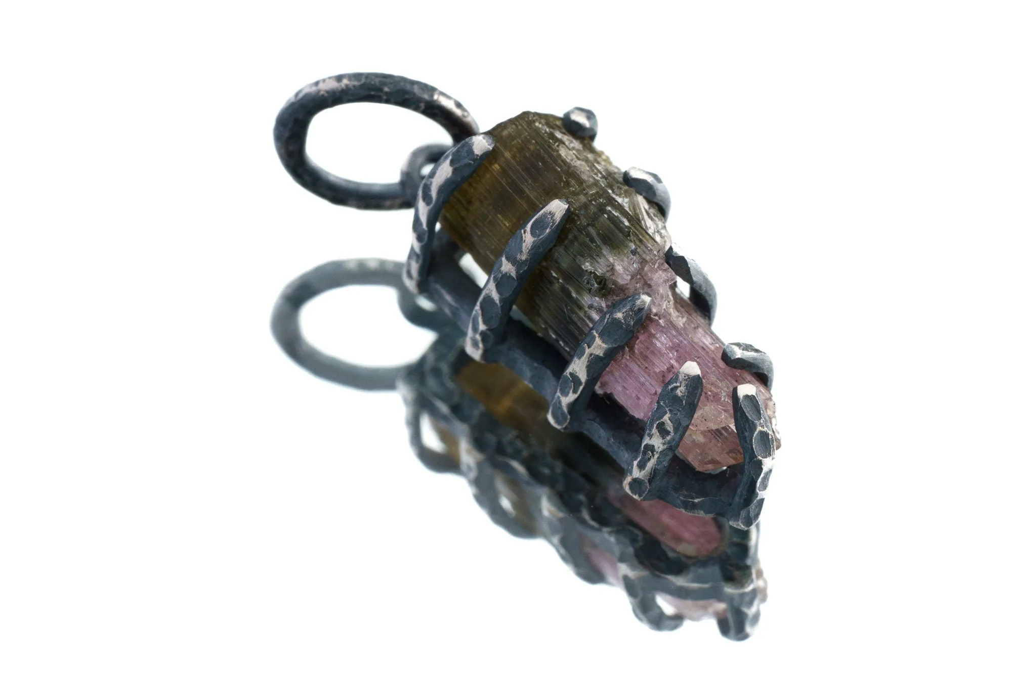 Uniquely Shaped Watermelon Tourmaline - Oxidised Sterling Silver - Strong Claw Wire Setting  - Hammer Textured - Pendant Crystal Necklace