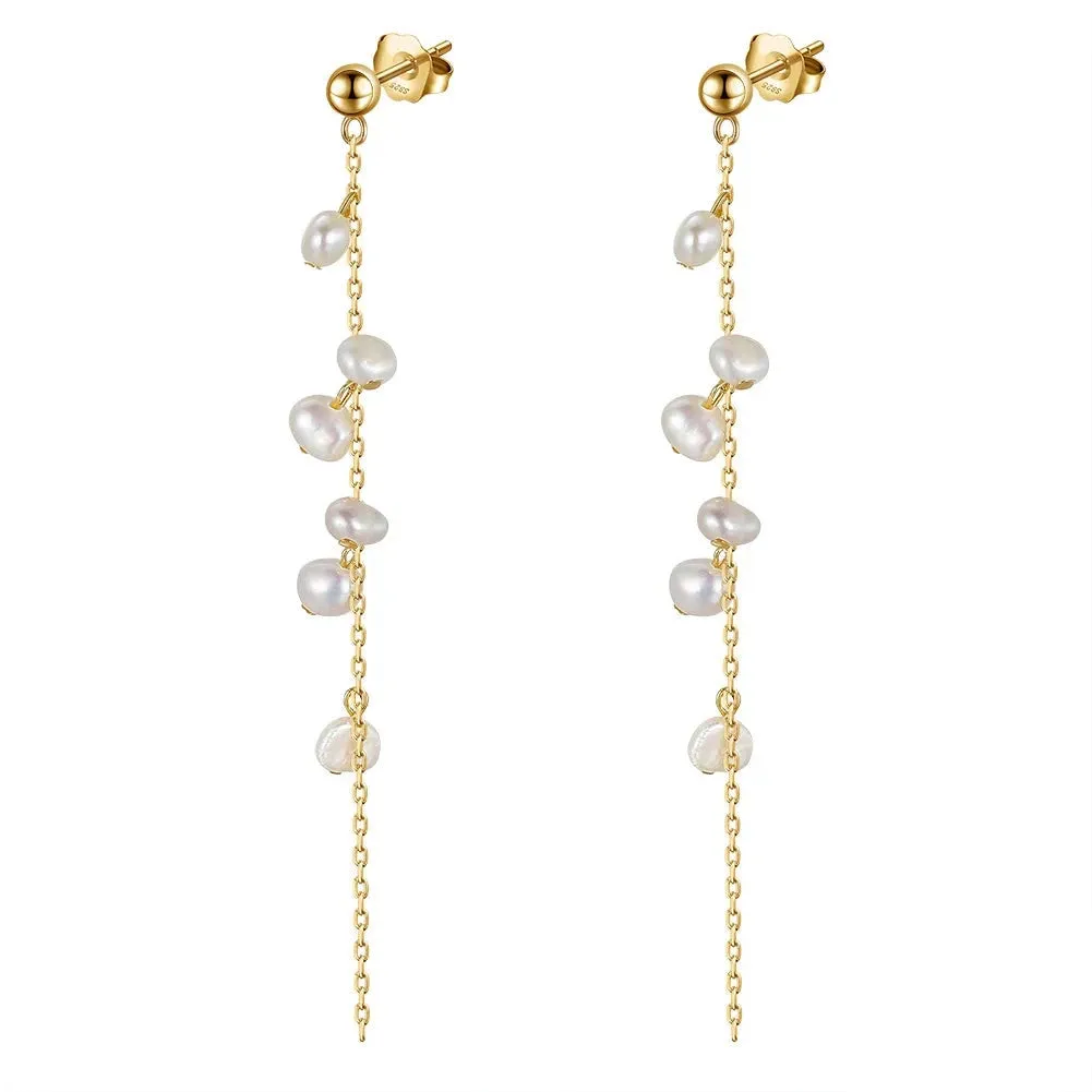 VAIGE 925 Sterling Silver Geometric Branch Tassel Earrings with 14k Gold Plating and Natural Freshwater Pearls, Gift Wrapped Velvet Pouch Included