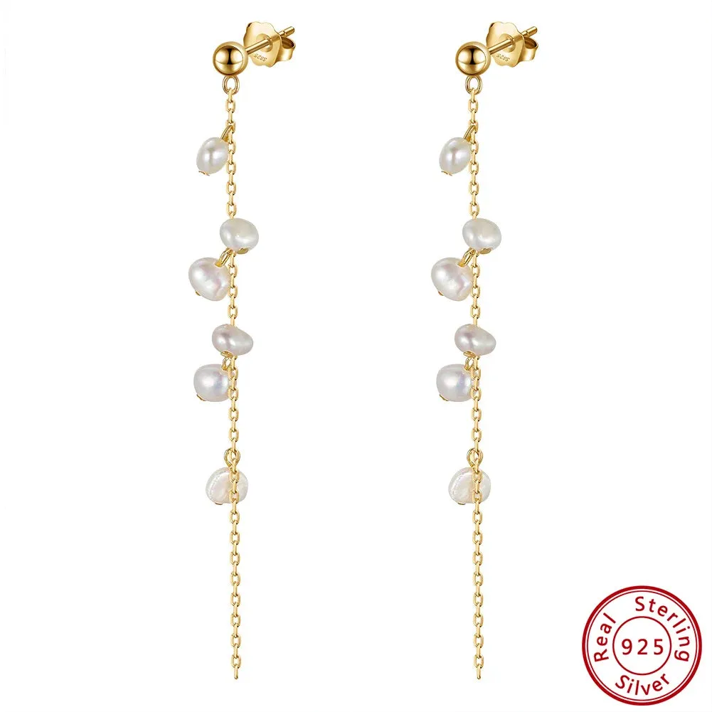 VAIGE 925 Sterling Silver Geometric Branch Tassel Earrings with 14k Gold Plating and Natural Freshwater Pearls, Gift Wrapped Velvet Pouch Included