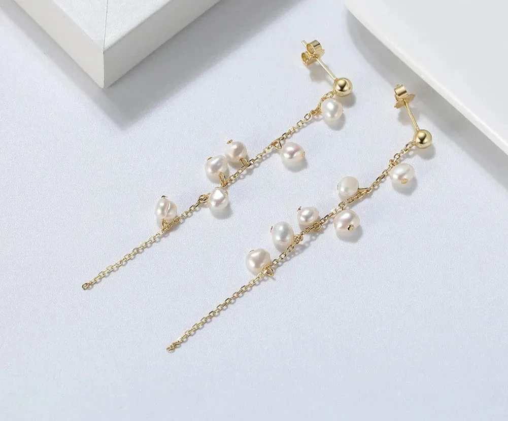 VAIGE 925 Sterling Silver Geometric Branch Tassel Earrings with 14k Gold Plating and Natural Freshwater Pearls, Gift Wrapped Velvet Pouch Included