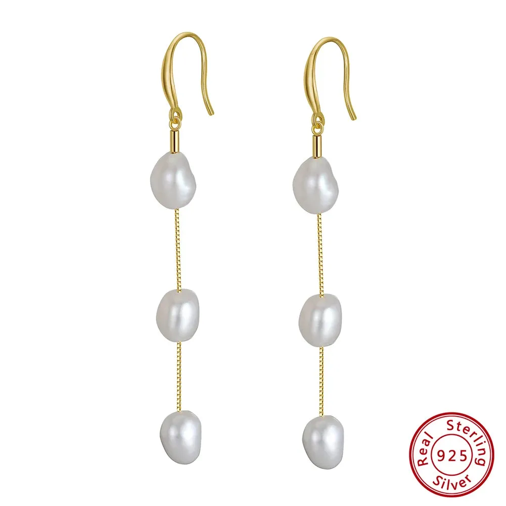 VAIGE 925 Sterling Silver Geometric Branch Tassel Earrings with 14k Gold Plating and Natural Freshwater Pearls, Gift Wrapped Velvet Pouch Included