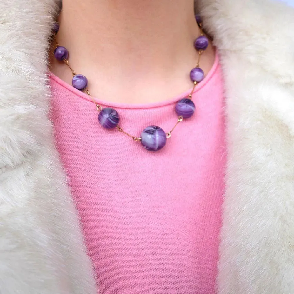 Vintage 1930's Purple Rolled Gold Glass Necklace