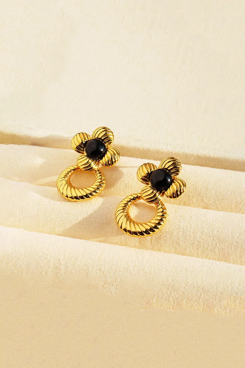 Vintage Black Onyx Floral Drop Earrings in 18K Gold Plated