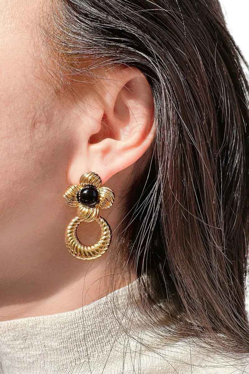 Vintage Black Onyx Floral Drop Earrings in 18K Gold Plated