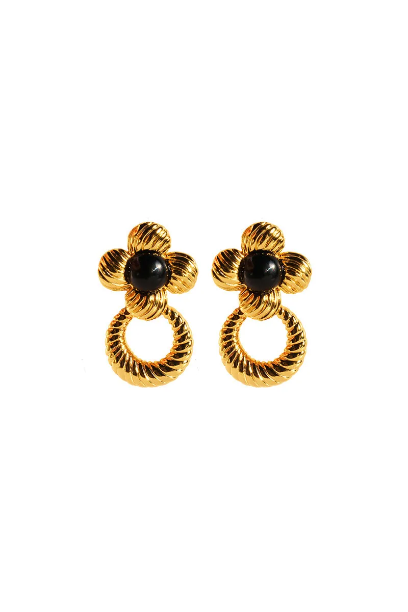Vintage Black Onyx Floral Drop Earrings in 18K Gold Plated