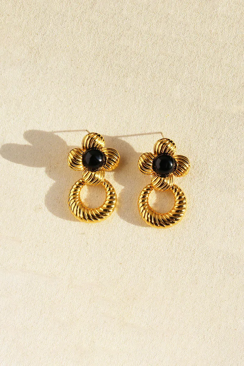 Vintage Black Onyx Floral Drop Earrings in 18K Gold Plated