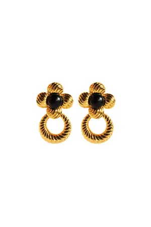 Vintage Black Onyx Floral Drop Earrings in 18K Gold Plated