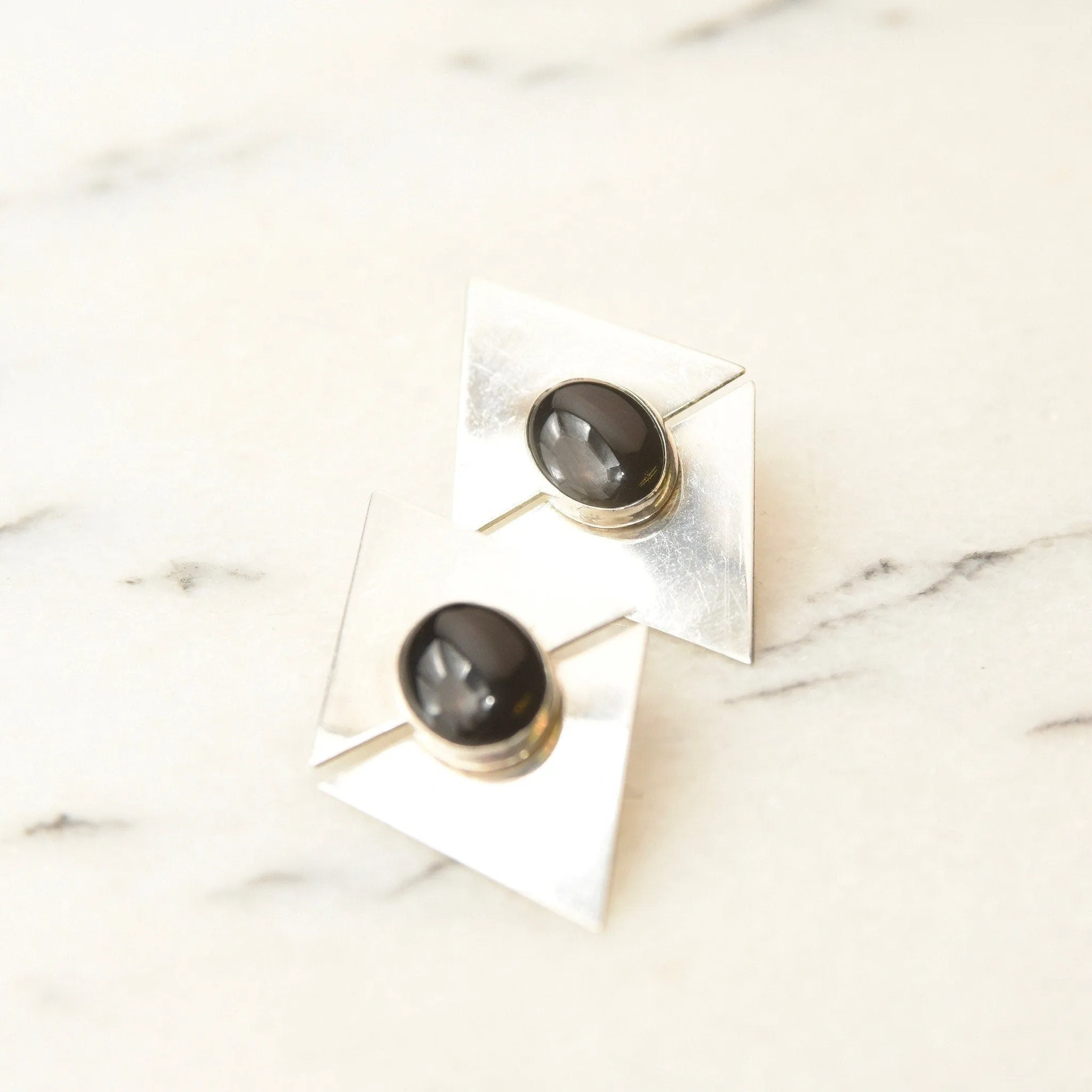Vintage Modernist Sterling Silver Black Onyx Stud Earrings, Sleek Polished Triangle Slice Earrings, Bezel Set Onyx Cabochons, 925 Earrings