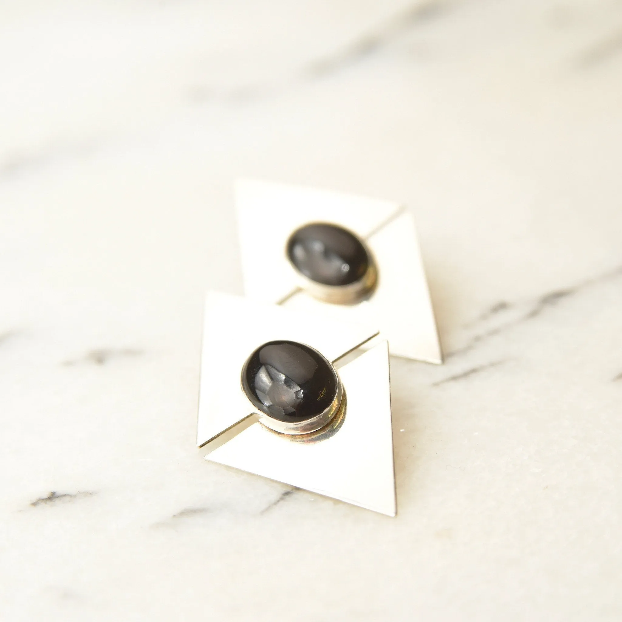 Vintage Modernist Sterling Silver Black Onyx Stud Earrings, Sleek Polished Triangle Slice Earrings, Bezel Set Onyx Cabochons, 925 Earrings