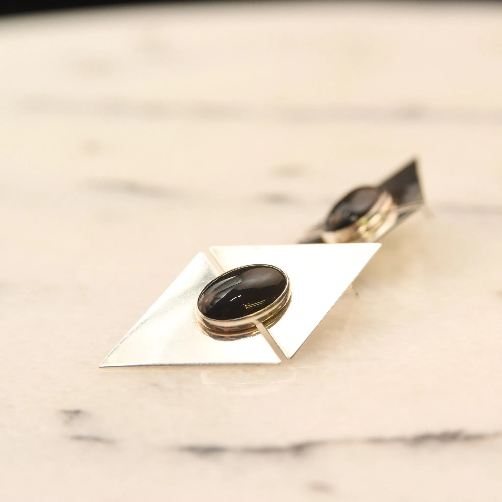 Vintage Modernist Sterling Silver Black Onyx Stud Earrings, Sleek Polished Triangle Slice Earrings, Bezel Set Onyx Cabochons, 925 Earrings