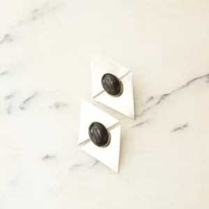 Vintage Modernist Sterling Silver Black Onyx Stud Earrings, Sleek Polished Triangle Slice Earrings, Bezel Set Onyx Cabochons, 925 Earrings