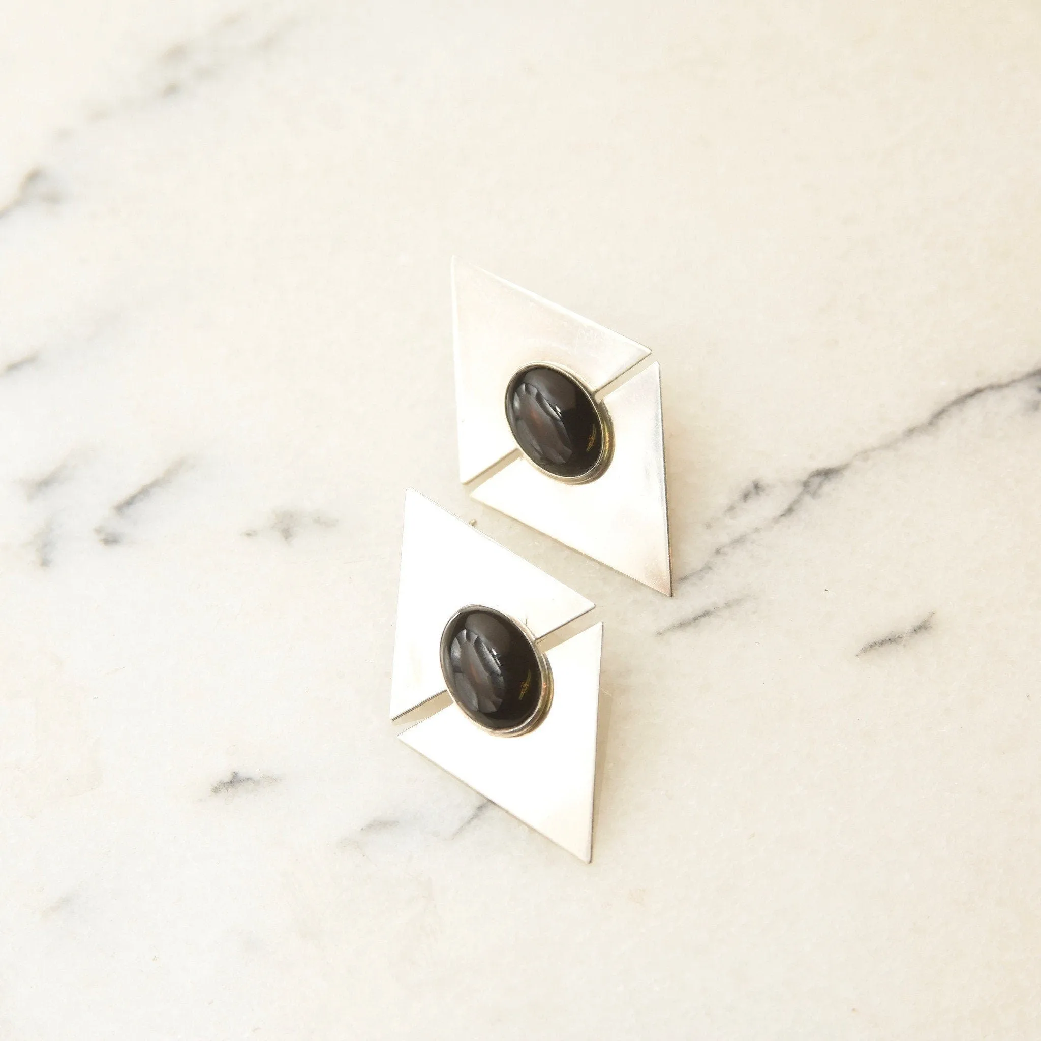 Vintage Modernist Sterling Silver Black Onyx Stud Earrings, Sleek Polished Triangle Slice Earrings, Bezel Set Onyx Cabochons, 925 Earrings