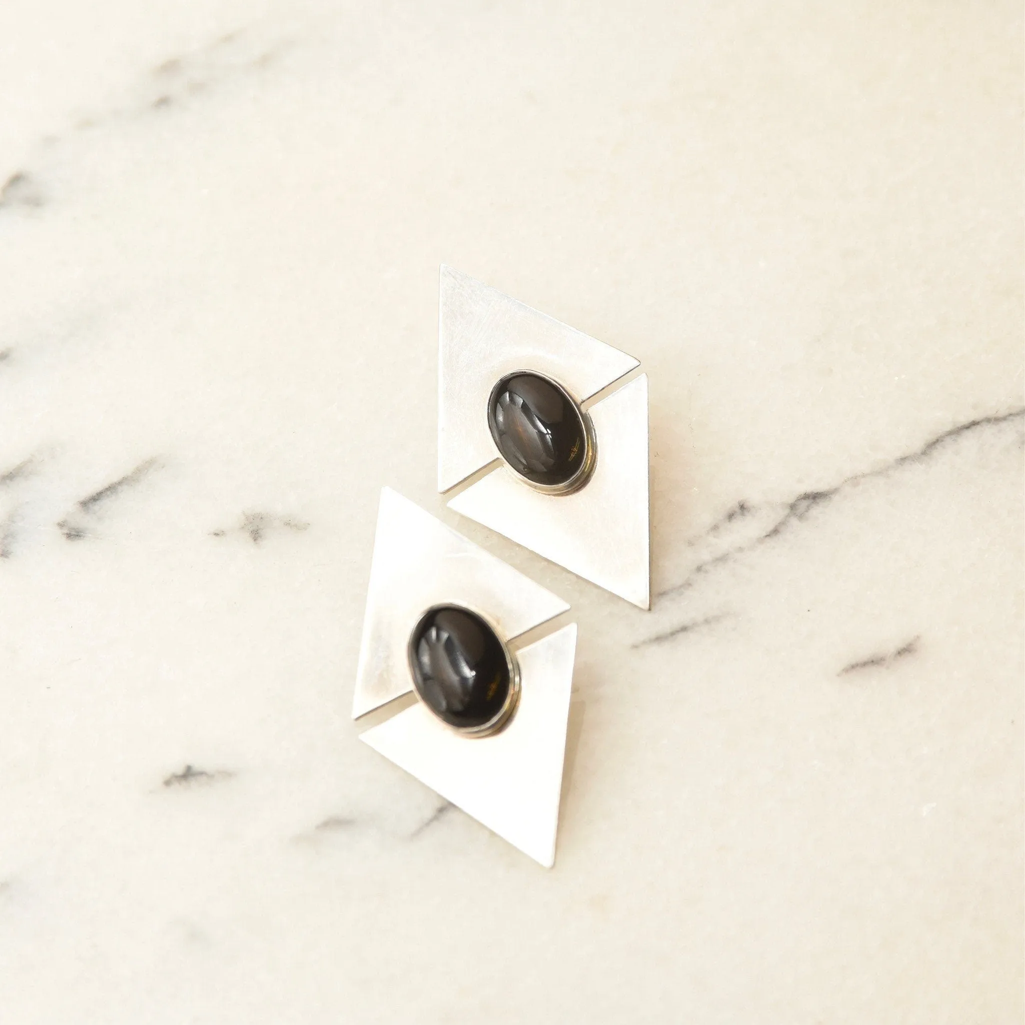 Vintage Modernist Sterling Silver Black Onyx Stud Earrings, Sleek Polished Triangle Slice Earrings, Bezel Set Onyx Cabochons, 925 Earrings