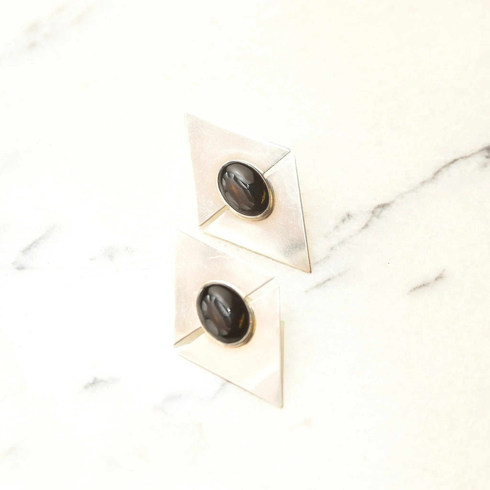 Vintage Modernist Sterling Silver Black Onyx Stud Earrings, Sleek Polished Triangle Slice Earrings, Bezel Set Onyx Cabochons, 925 Earrings