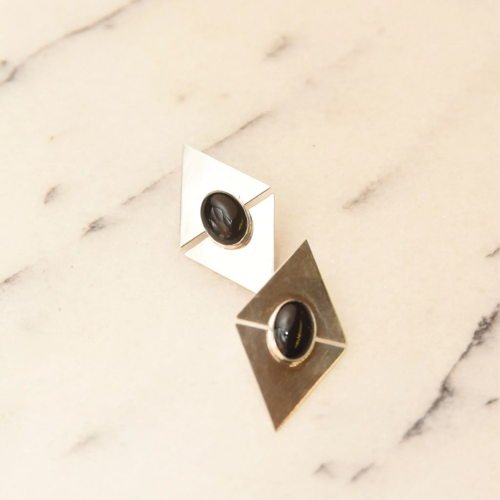 Vintage Modernist Sterling Silver Black Onyx Stud Earrings, Sleek Polished Triangle Slice Earrings, Bezel Set Onyx Cabochons, 925 Earrings