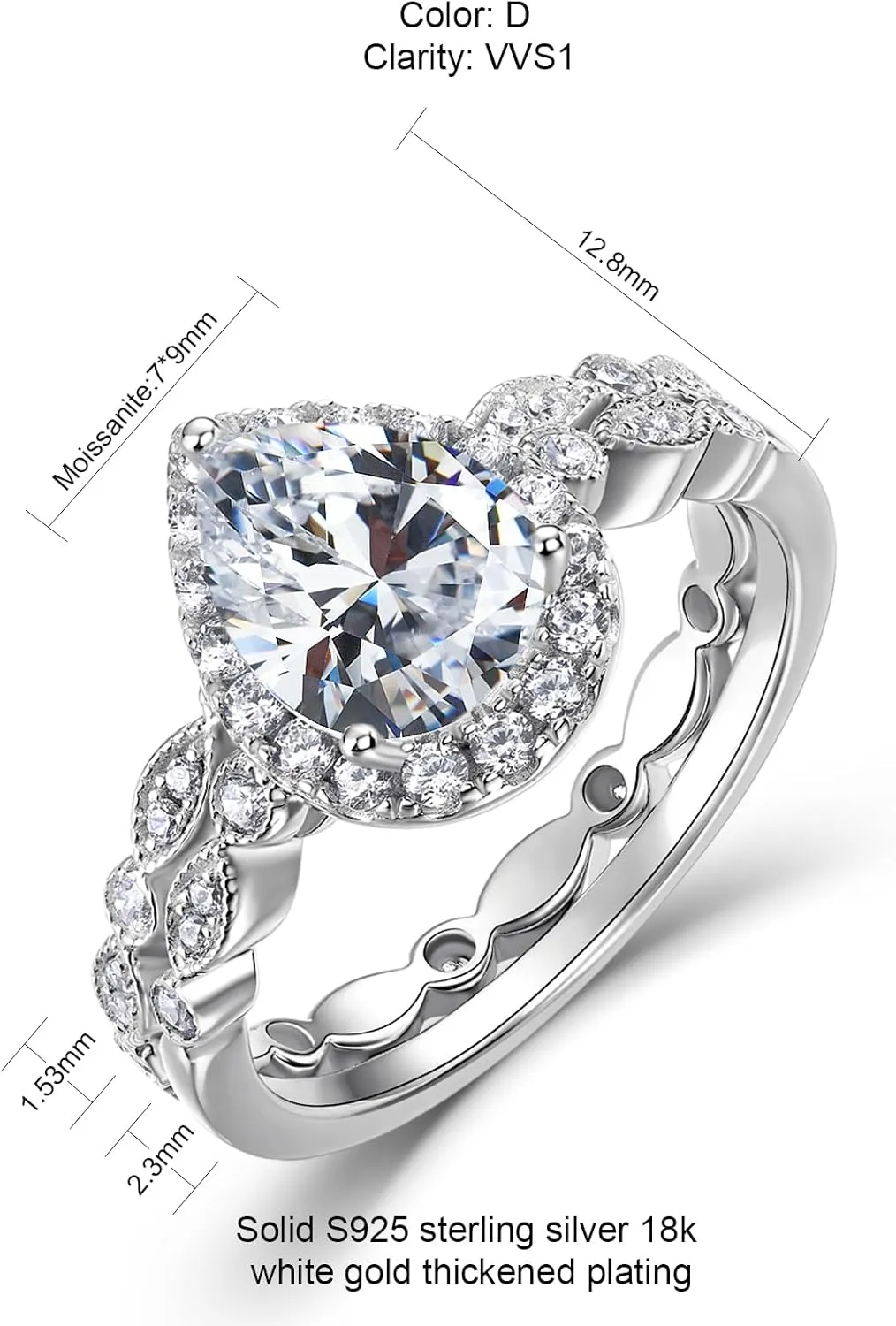 WES 1.8CT Moissanite Engagement Ring for Women Teardrop Bridal Rings Sets Halo Promise Engagement Rings for Women VVS1 D Color Moissanite Diamond With Certificat