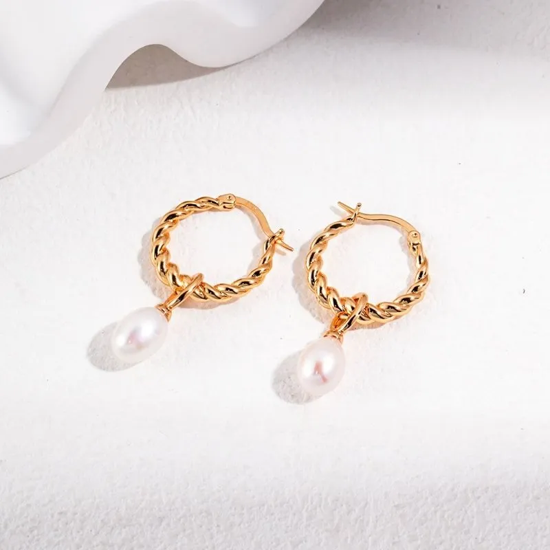 White Cultured Pearl Hoop Earrings-Gold Plated