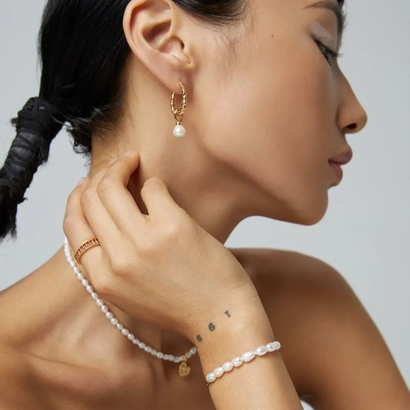 White Cultured Pearl Hoop Earrings-Gold Plated