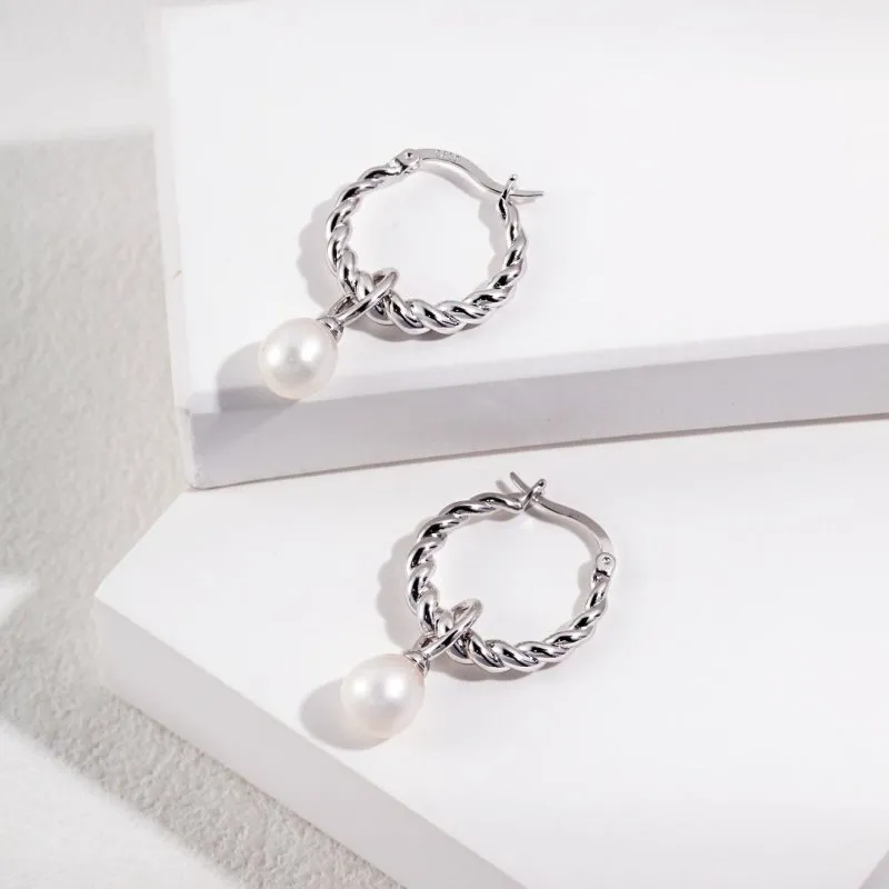 White Cultured Pearl Hoop Earrings-Gold Plated