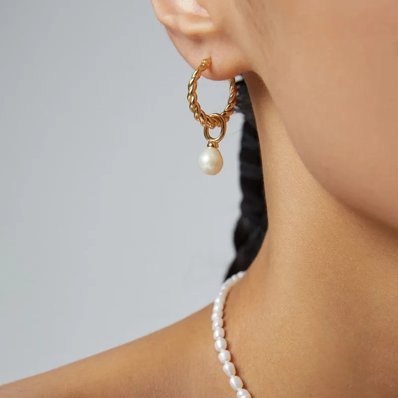 White Cultured Pearl Hoop Earrings-Gold Plated