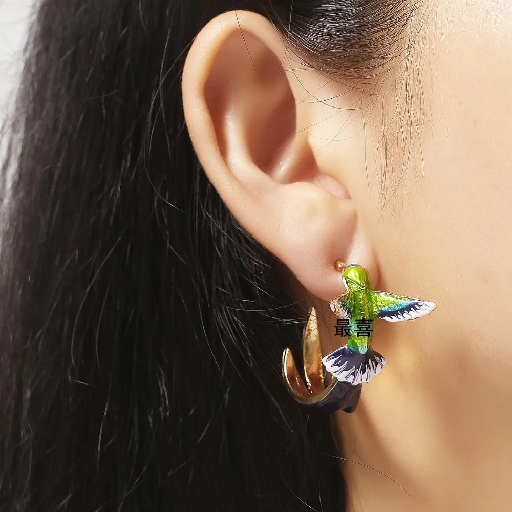 Women Flying Humming Bird Oil Painting Earrings