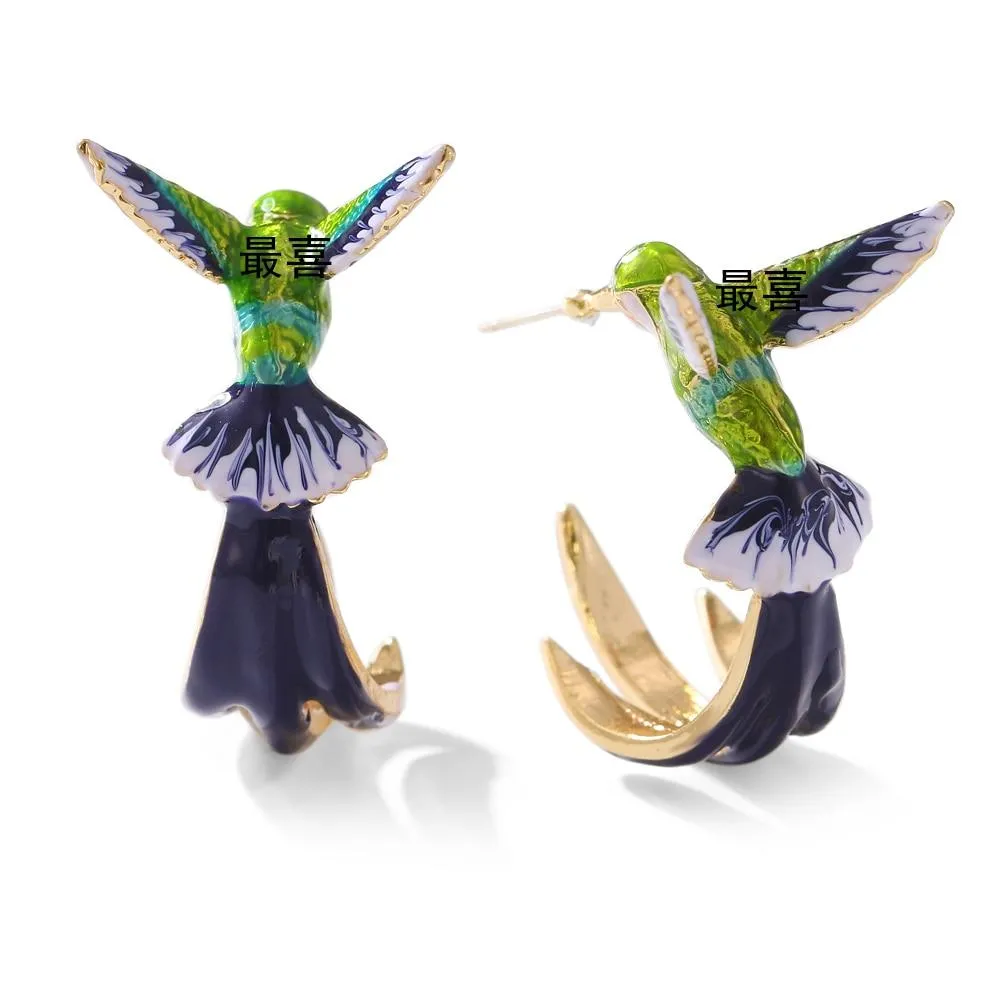 Women Flying Humming Bird Oil Painting Earrings